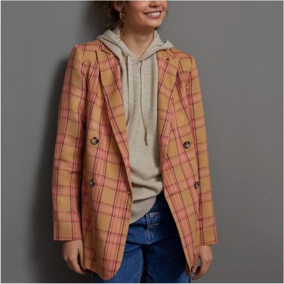 Anthropologie Maeve Blazer Women Small Orange Tan Victoria Plaid Double Breasted - Picture 1 of 12